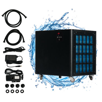 Ottusso 110Gal Aquarium Cooler, 1/2 HP Water Chiller with Water Pump & 2 Pips, Hydroponics Chiller with Quiet Design Compressor & Wheels for Axolotl Fish Coral Shrimp, 110V, Black