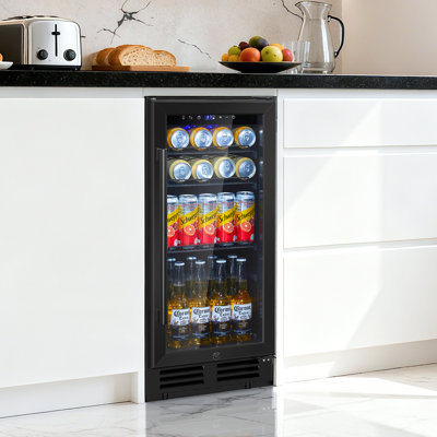 Réfrigérateur à boissons encastré et autoportant de 15 po à 165 canettes avec porte en verre réversible, DEL bleue et verrou de sécurité