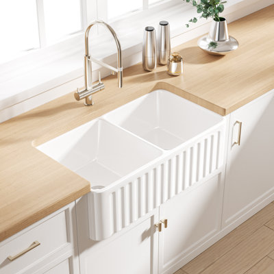 Brooklyn 33""L x 18""W Double Bowl Fireclay Farmhouse Reversible Apron-Front Kitchen Sink w/ Sink Grid -  Eridanus, ERI-FS-116D