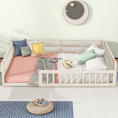 Lit plateforme double rembourré en bois massif avec garde-corps et coussin, fabrication en pin massif, aucun sommier tapissier requis, beige