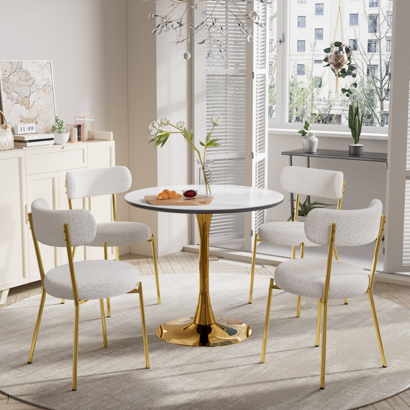 Marble Round Dining Table Set with Upholstered Dining Chairs, White, 5