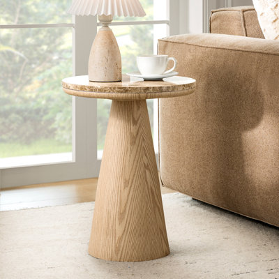  Table de bout ronde moderne de 20 po avec plateau en marbre véritable et placage de chêne Otterburn