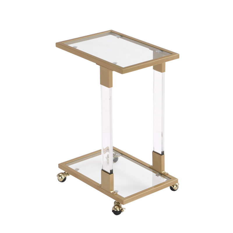 Golden Side Table, Acrylic Sofa Table, Glass Top C Shape Square Table With Metal Base For Living Room, Bedroom, Balcony Home And Office