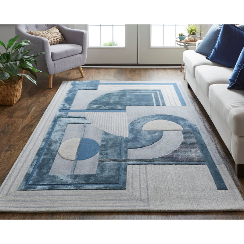 Tapis bleu / gris / ivoire touffeté à la main Hithin, Rectangle de 5 pi x 8 pi