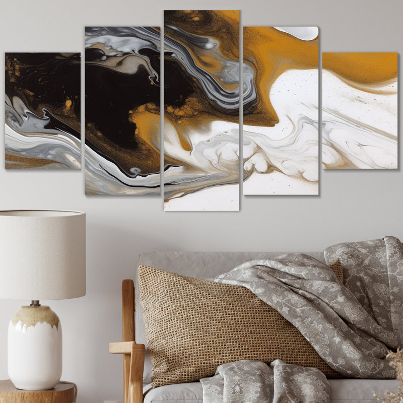 Reproduction d'art sur toile, or et noir Marble Waves IV - Fractals - 5 panneaux