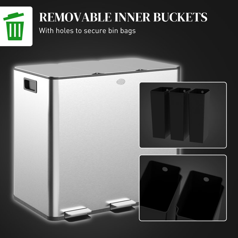 Steel,Plastic Step On Multi-Compartment Rubbish & Recycling Bin - 45L