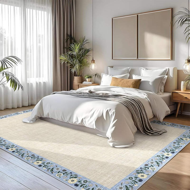 Modern Bordered Runner Rug 2x6 – Washable Non-Slip Low-Pile Carpet for Hallway, Kitchen, Bedroom, Bathroom, or Laundry Room, Soft Floral Print, Beige