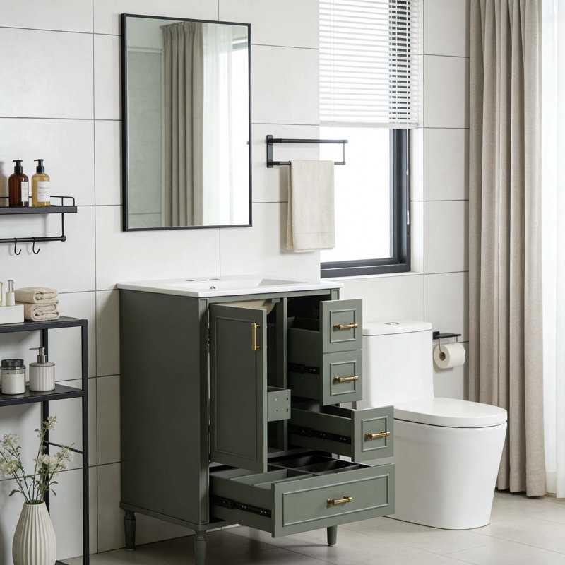 Modern Bathroom Vanity with Ceramic Sink,Soft-Close Door,and Multiple Drawers, Olive Green