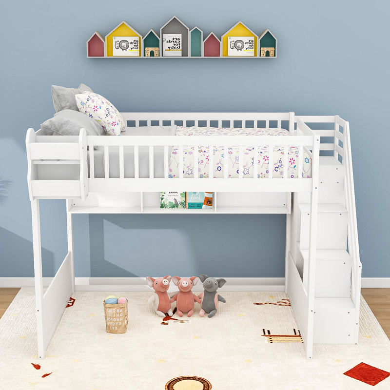 Wooden Loft Bed With Staircase, Wardrobe And Storage Shelves, White