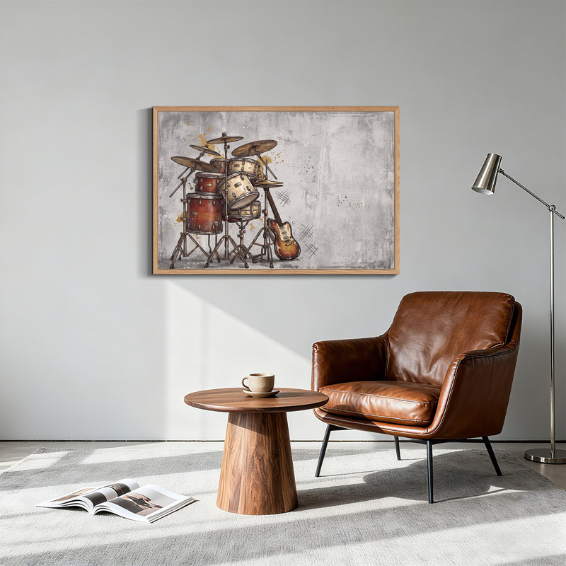 Batterie et guitare électrique Sunburst sur toile grise grunge, H 18 po x l 24 po