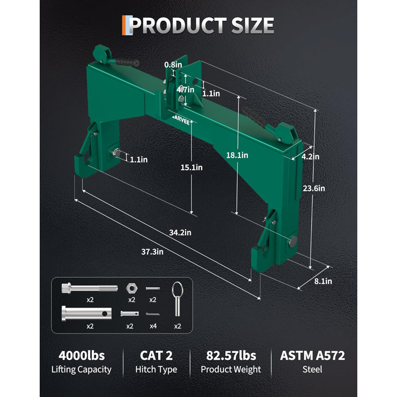 Attache rapide 3 points avec bagues 4000lbs catégorie 2 - Maillon supérieur réglable robuste pour tracteurs Cat 2 - Attache rapide de récepteur 2 "pour outils, vert