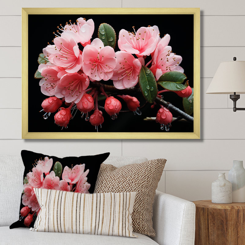 Cascade de fleurs roses suspendues - Fuschia, Cadre doré à coins fermés, H 12 po x l 20 po x P 1 po