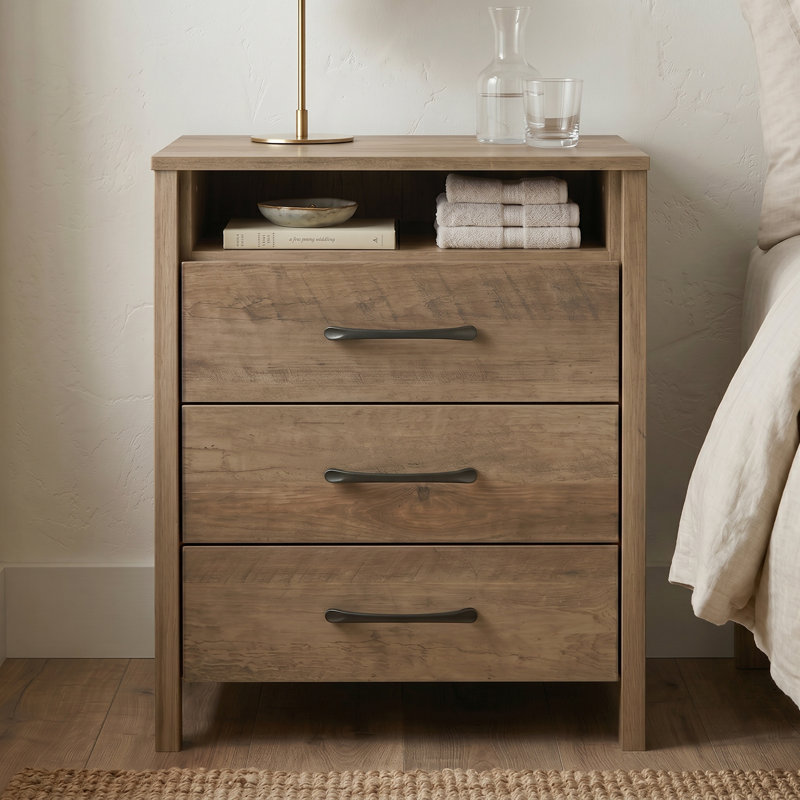 Allysyn Modern 26.1" H 3-Drawer Nightstand, Knotty Oak