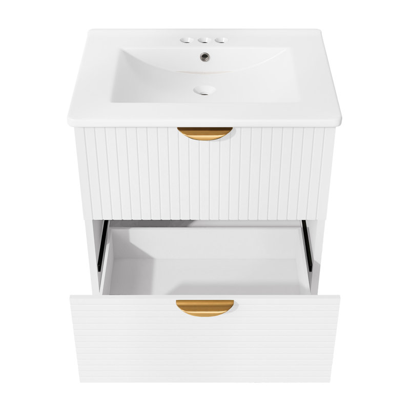 Meuble-lavabo mural de 24 po avec 2 tiroirs, idéal pour les petites salles de bain, Blanc