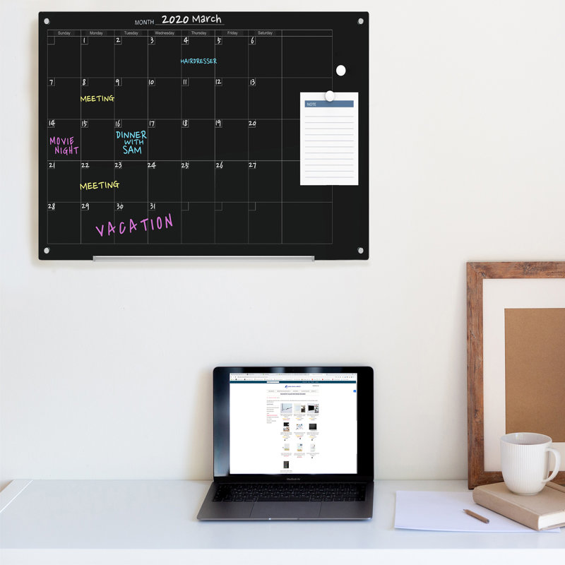 Tableau magnétique mural en verre calendrier effaçable à sec, Noir, H 36 po x L 48 po
