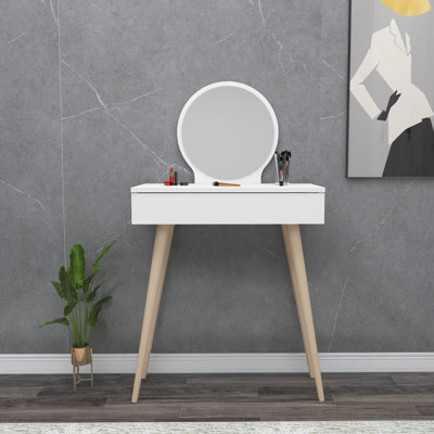 Modern Make-Up Table with Mirror, White Finish, 51.0 x 28.3 x 13.8 Inches | 100% Melamine Coated Particle Board, 0.7 Inches Thick | Stylish Beechwood Legs, Perfect for Contemporary Bedrooms & Vanity Spaces