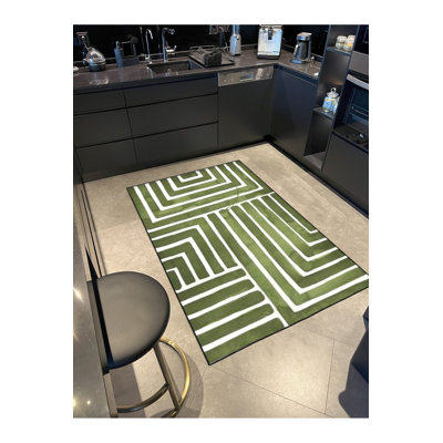 Green Thick Striped and White Patterned Decorative Washable Rug