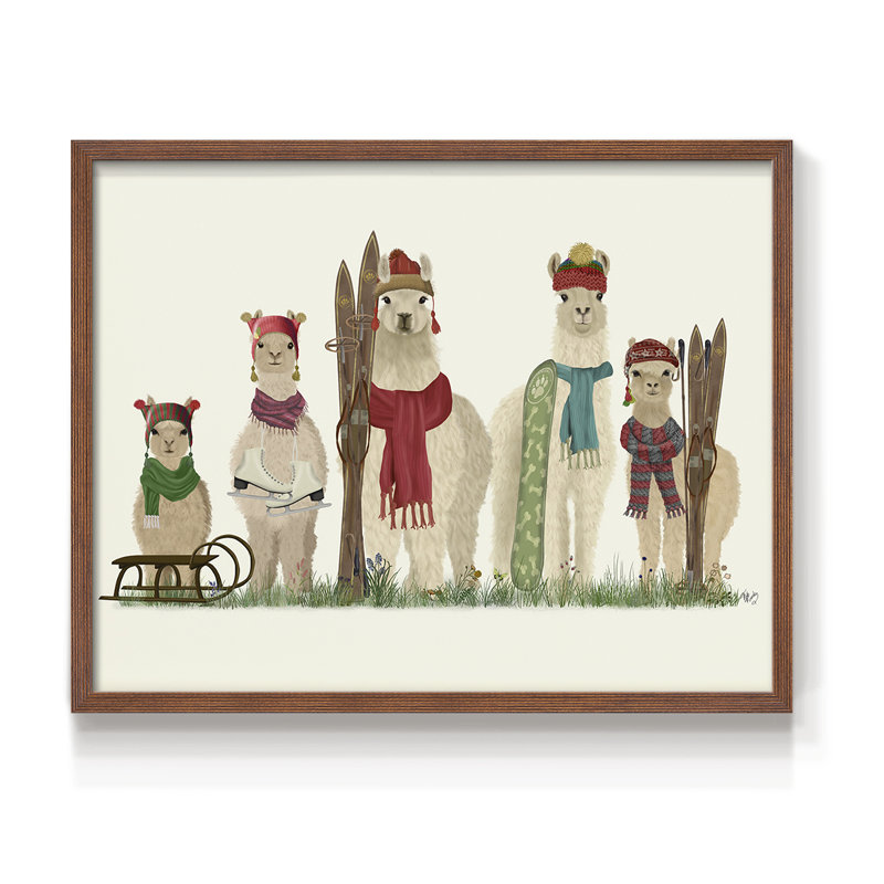 Llama Family Winter Sports - Imprimé encadré - Restickable, H 16 po x l 20 po, Noyer
