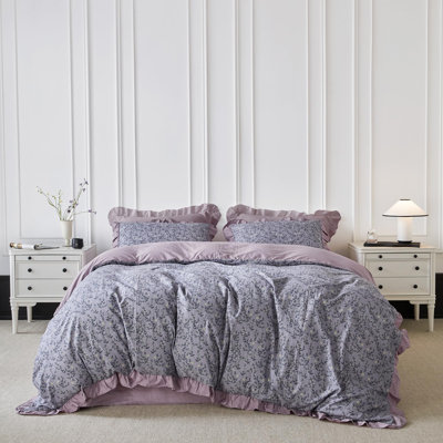 Lavender Purple Floral Duvet Cover King 100% Cotton 3 Pcs Set 1 Lilac Purple Ruffle Duvet Cover With Zipper Ties 2 Pillow Shams Garden Farmhouse Botanical Bedding Set Soft