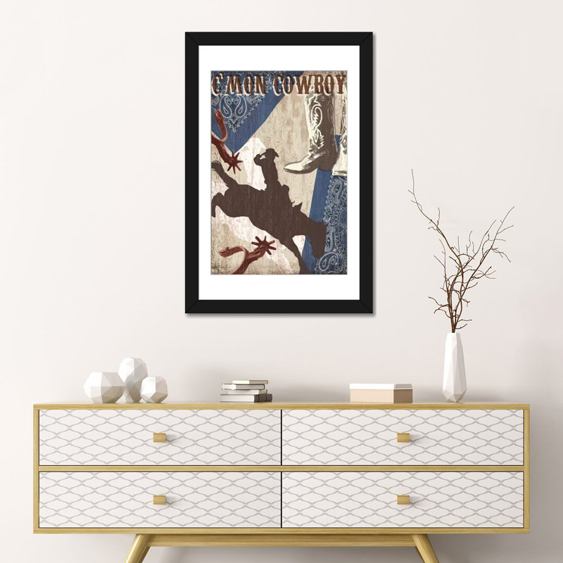« c’mon cowboy », reproduction d’impression sur toile tendue, H 24 po x l 16 po x P 1 po, Papier d'art encadré noir, Blanc