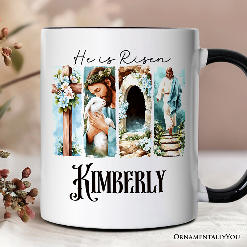 Tasse He Is Risen Christian Brushstroke, cadeau de Pâques festif avec nom personnalisé