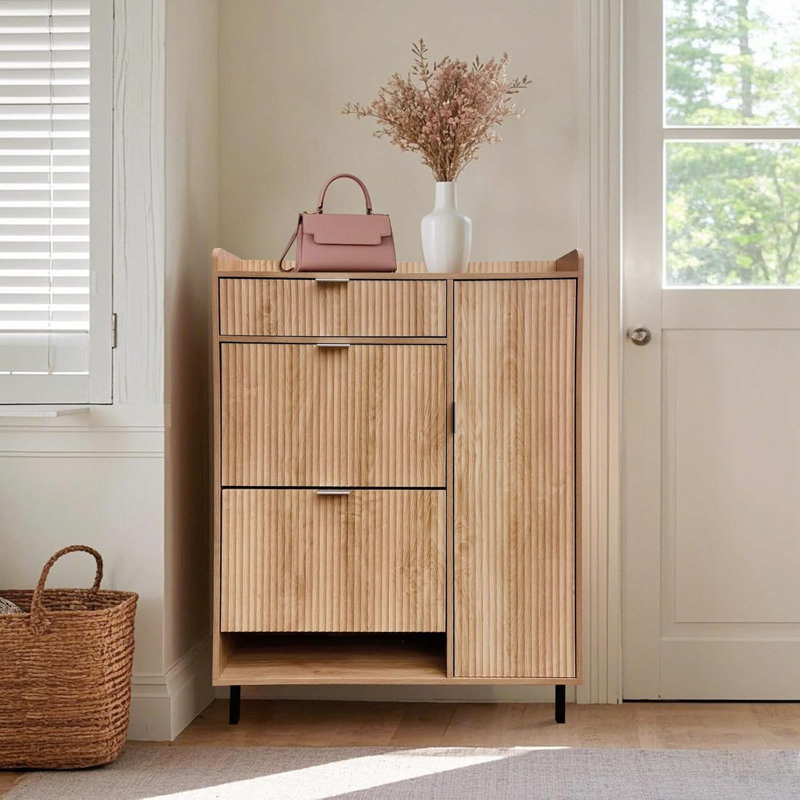 Shoe Storage Cabinet with 2 Flip Drawers, Freestanding Entryway Shoe Organizer with Adjustable Shelves, Metal Legs & Wave Pattern
