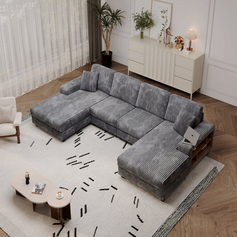 Canapé convertible combiné en forme de U, rembourré en tissu de velours côtelé, canapé confortable de grande taille de style moderne à 4 places