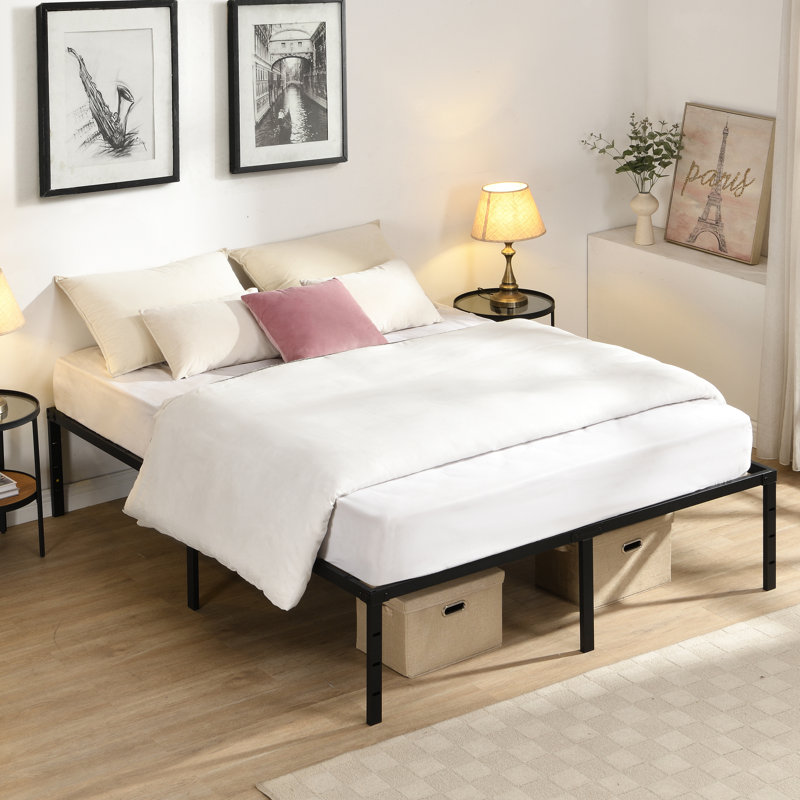 Queen Size Bed Frame, Heavy Duty Metal, Black, Easy & Silent Assembly, 1000 - Pound Support, Steel Slats For Even Under Storage, Bedroom And Guest Room, Connection Holes Metal Duty, Quick No Noise,