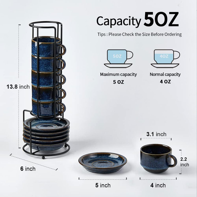 Tasses à expresso empilables en porcelaine avec soucoupes et support en métal, 4 tasses de demi-tasse