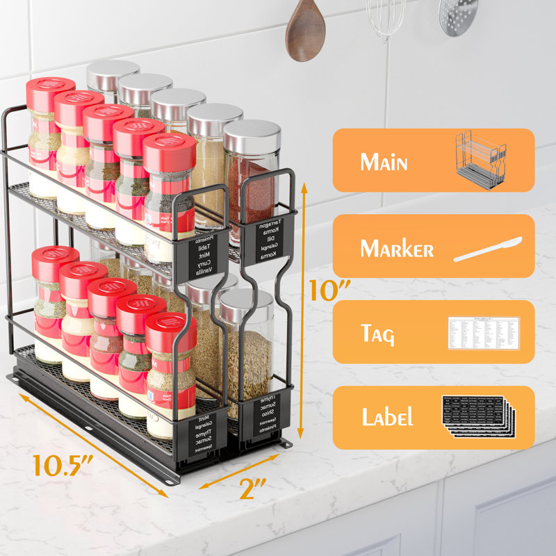 Heavy Duty Black Steel Pull Out Spice Rack Organizer with Labels
