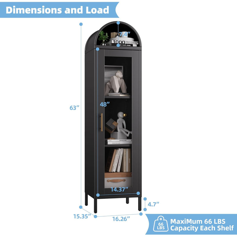 Bibliothèque en métal arquée, armoire de rangement en arche avec portes en verre et 2 tablettes pour le salon, cuisines, bureau, noir, assemblage requis, 15,35 po x l 16,26 po x 63 po