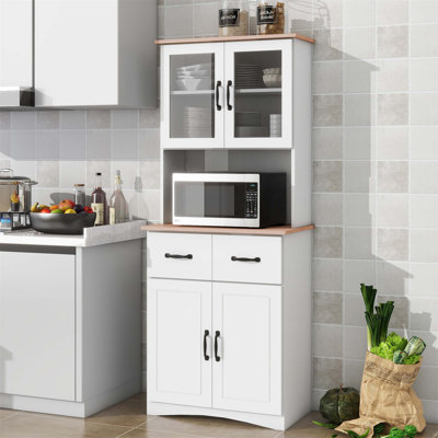 Stylish Wooden Kitchen Cabinet with Glass Doors and Drawer for Efficient Storage and Microwave Placement
