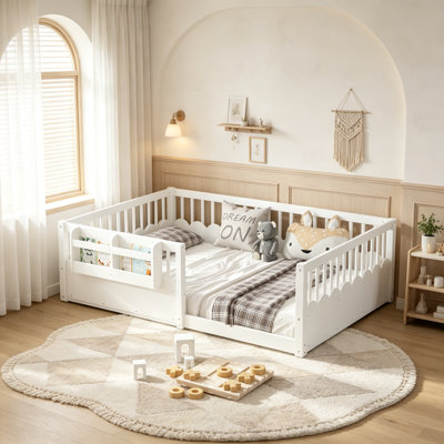 Montessori Floor Bed with Guardrails, Solid Wood Kids Daybed with Storage Rack for Boys Girls, White, Full Size