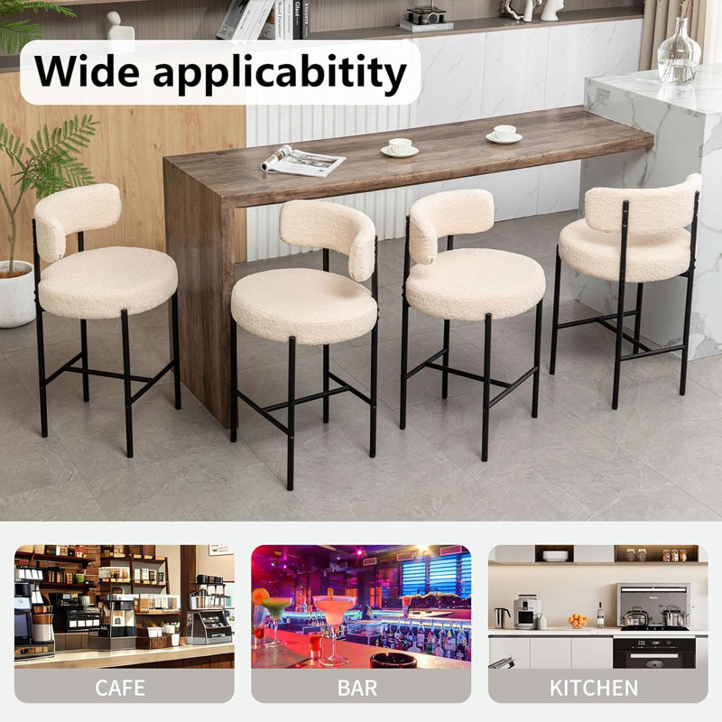 Boucle Bar Stools Set Of 3, 24" Modern Counter Stools With Backs, Upholstered Barstools For Kitchen Island, Bar, Cafe, Beige