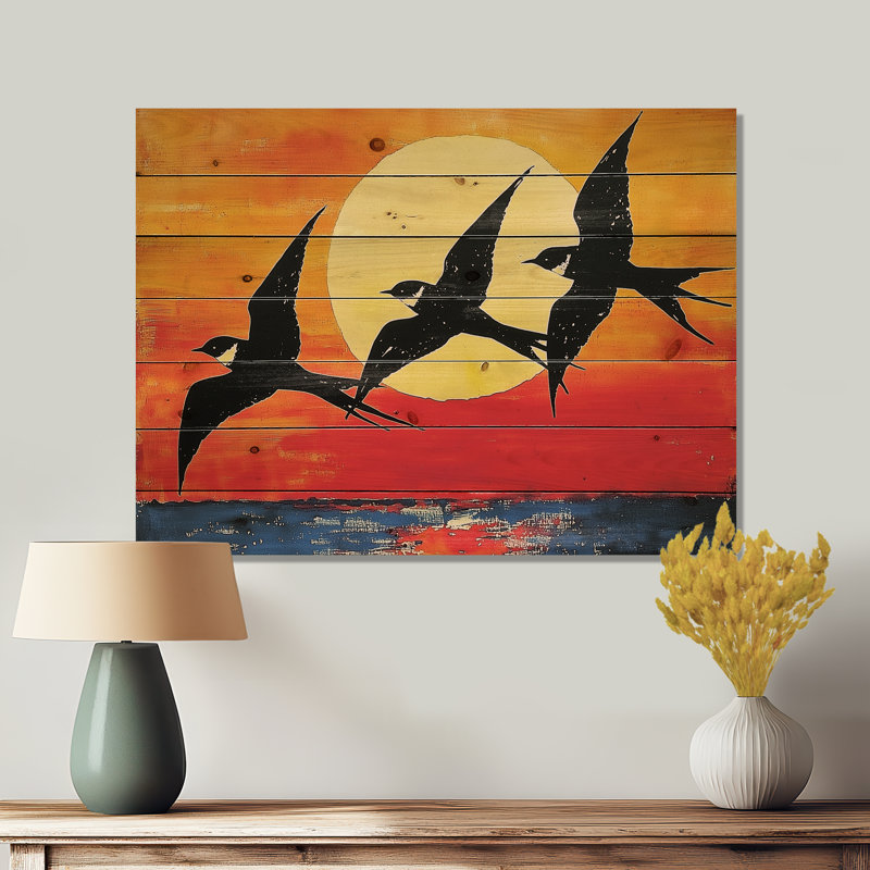 Swallows Birds At Sunset V - Art mural en bois d'oiseau - sur bois de pin naturel, H 10 po x l 20 po x P 0,78 po