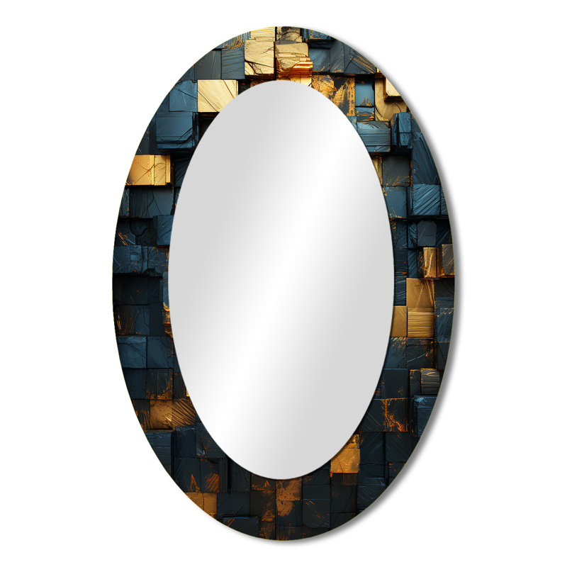 Grunge Gold Cubes Abstract Geometric V - Large Oval Wall Mirror On Metal, 36" H x 24" W