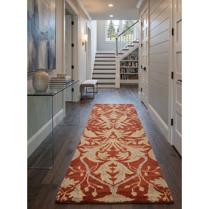 Red | Gold Wool Handmade Floral Hand Knotted Runner Indoor Area Rug, Runner 2'6'' x 10'