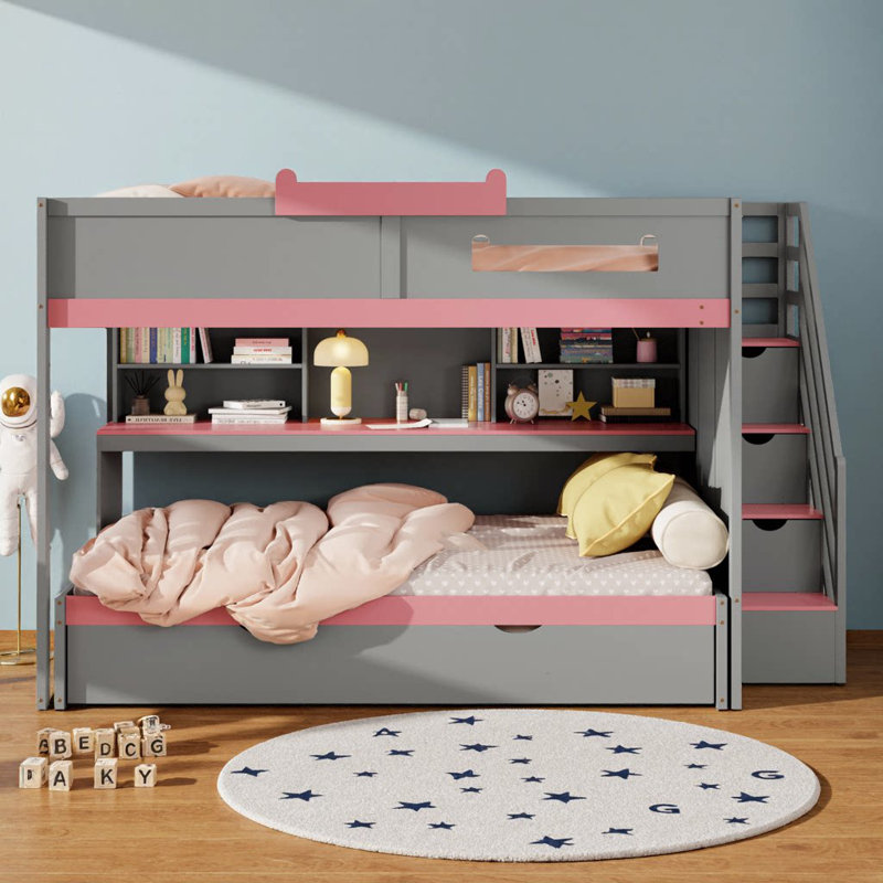 Lit superposé double compact avec gigogne, tiroirs de rangement pour escalier, éclairage à DEL intelligent et tablettes pour enfants