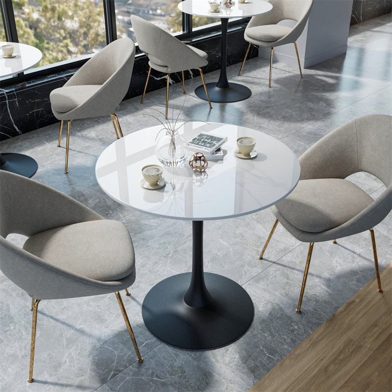 Table bistro de cuisine ronde avec plateau en pierre frittée, H 30,9 po x l 30,9 po x P 33,66 po, Blanc, Noir
