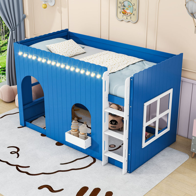 Country-Style Loft Bed with Built-in Warm Lighting and Versatile Play Space, Klein Blue, Twin