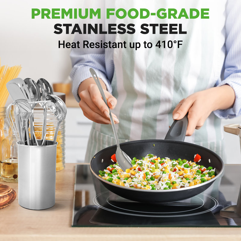 Ensemble d'ustensiles de cuisine en acier inoxydable 10 pièces Nutrichef - Outils de cuisson en métal - Comprend un porte-ustensiles, une cuillère, une cuillère à fente, un tourne-spatule, une spatule à fente, une louche, une fourchette à pâtes, u