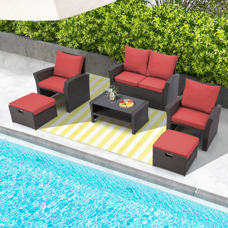 7 - Person Patio Conversation Set with Cushions, Burgundy/Brown