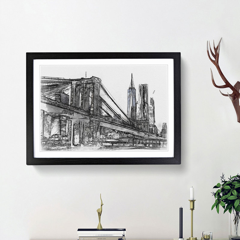 Brooklyn Bridge in New York in Abstract - Picture Frame Graphic Art Print, 62cm H x 87cm W x 2cm D, Black Framed