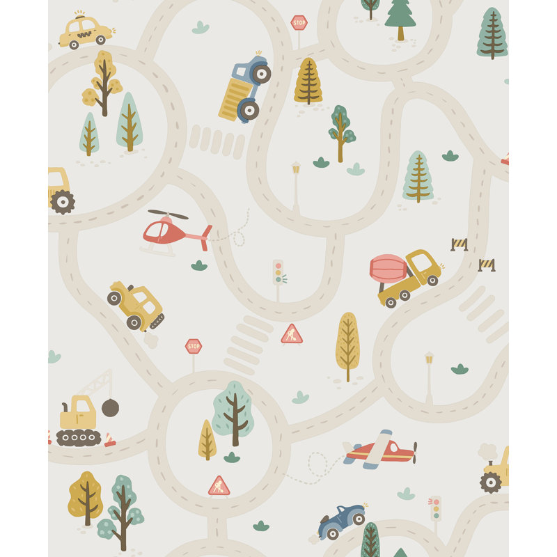 Papier peint texturé non tissé, non encollé, motif « Routes sinueuses d'aventure » crème/multicolore, 57 pi²., Beige / Crème