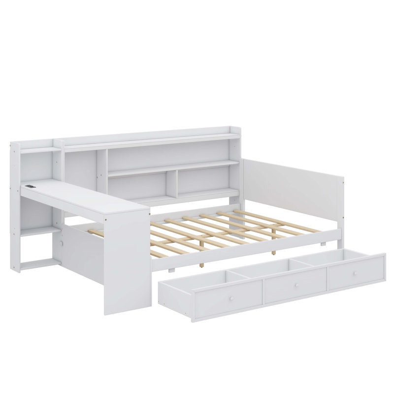 Wooden Daybed Equipped With Triple Drawers And USB Charging Ports, Full, White