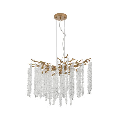 Lustre luxueux à branches dorées avec cascade de brins de cristal en cascade - Luminaire moderne pour salon, salle à manger et vestibule