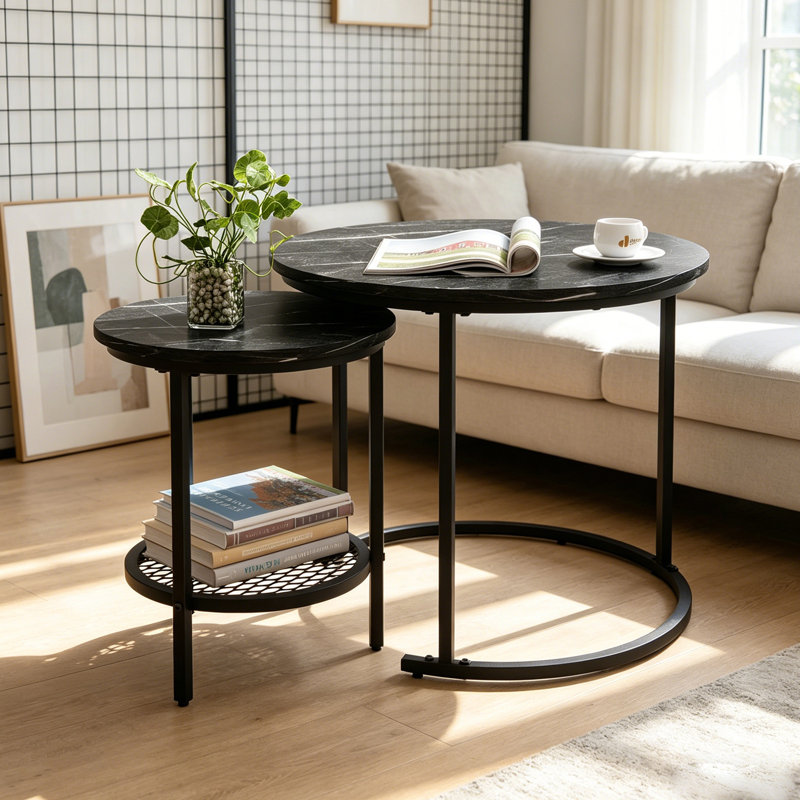 Ensemble de 2 tables basses gigognes rondes, tables d'appoint empilables à dessus noir moderne pour le salon, le balcon et les petits espaces (ensemble de 2)