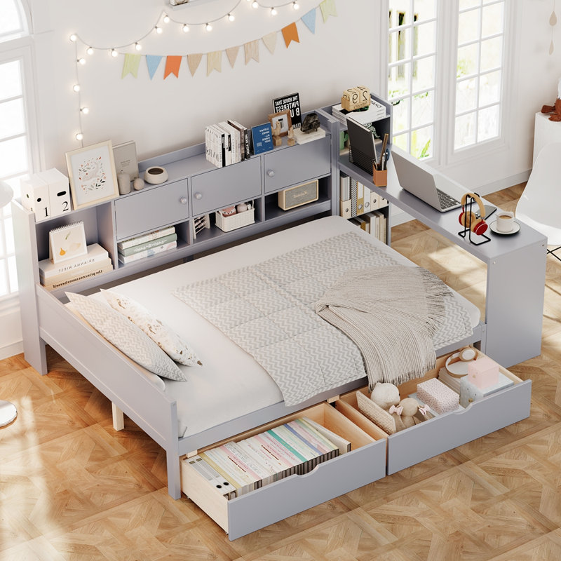 Lit de jour double avec rangement, structure en L, bureau d'étude et bibliothèque intégrée pour une utilisation multifonctionnelle dans la chambre à coucher