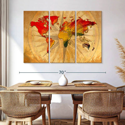 «World Map Old Compass World Map», reproduction sur toile 3 pièces par Tess P
