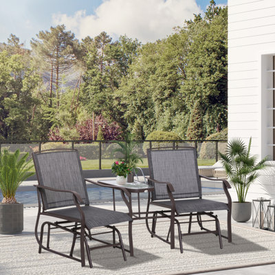 Outdoor Glider Chairs With Coffee Table, 2-Seat Rocking Swing Loveseat For Patio And Garden, Breathable Sling Fabric, Grey